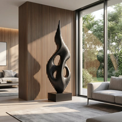 Tall Openwork Solid Wood Flame Sculpture with Plinth Base – Contemporary Statement Décor for Modern Living Rooms