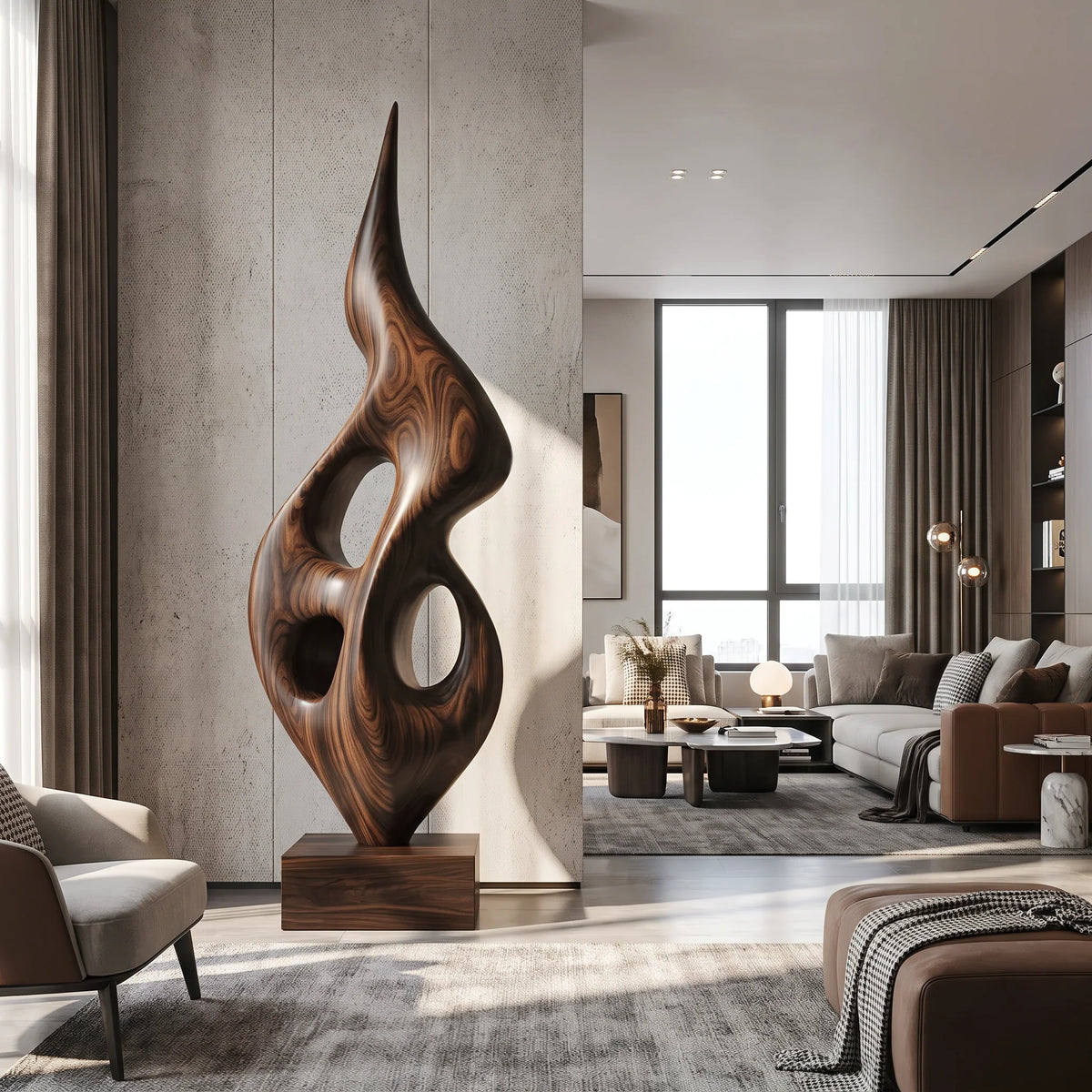 Tall Openwork Solid Wood Flame Sculpture with Plinth Base – Contemporary Statement Décor for Modern Living Rooms