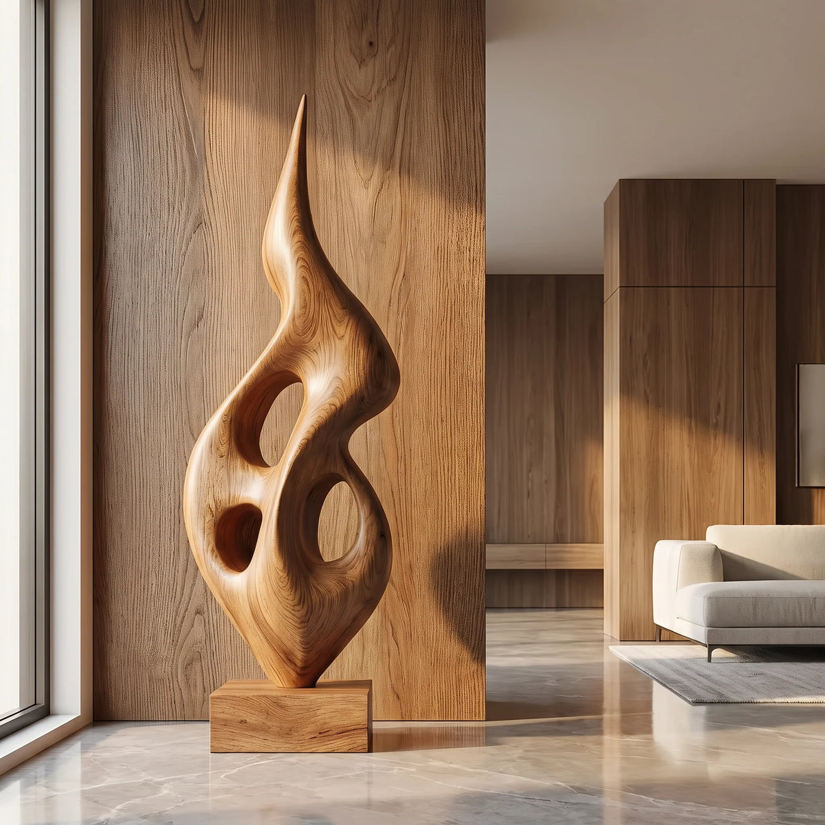 Tall Openwork Solid Wood Flame Sculpture with Plinth Base – Contemporary Statement Décor for Modern Living Rooms