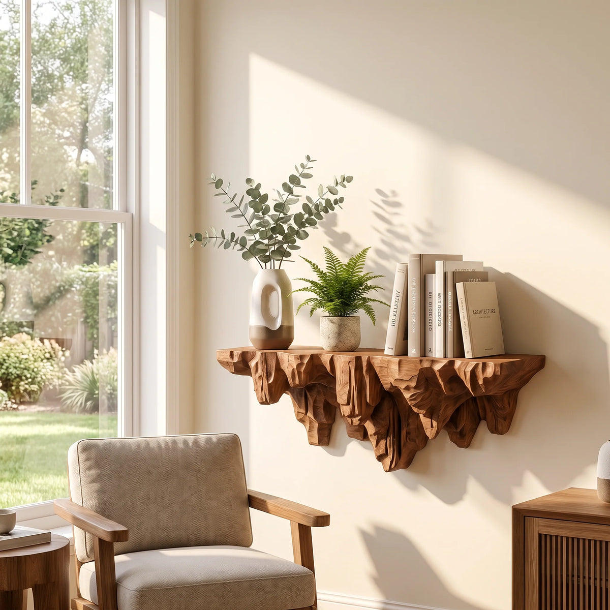 Sculptural Carved Cliff Base Solid Wood Wall Shelf