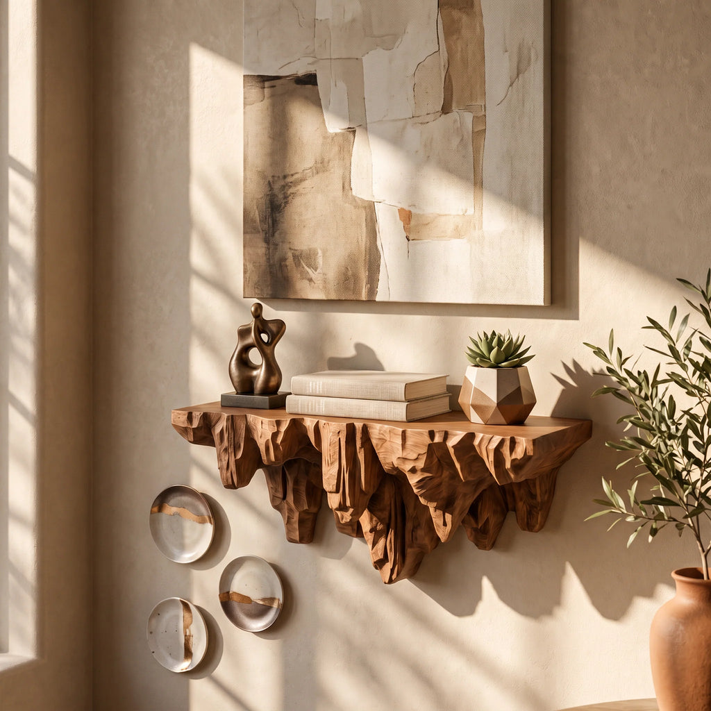 Sculptural Carved Cliff Base Solid Wood Wall Shelf