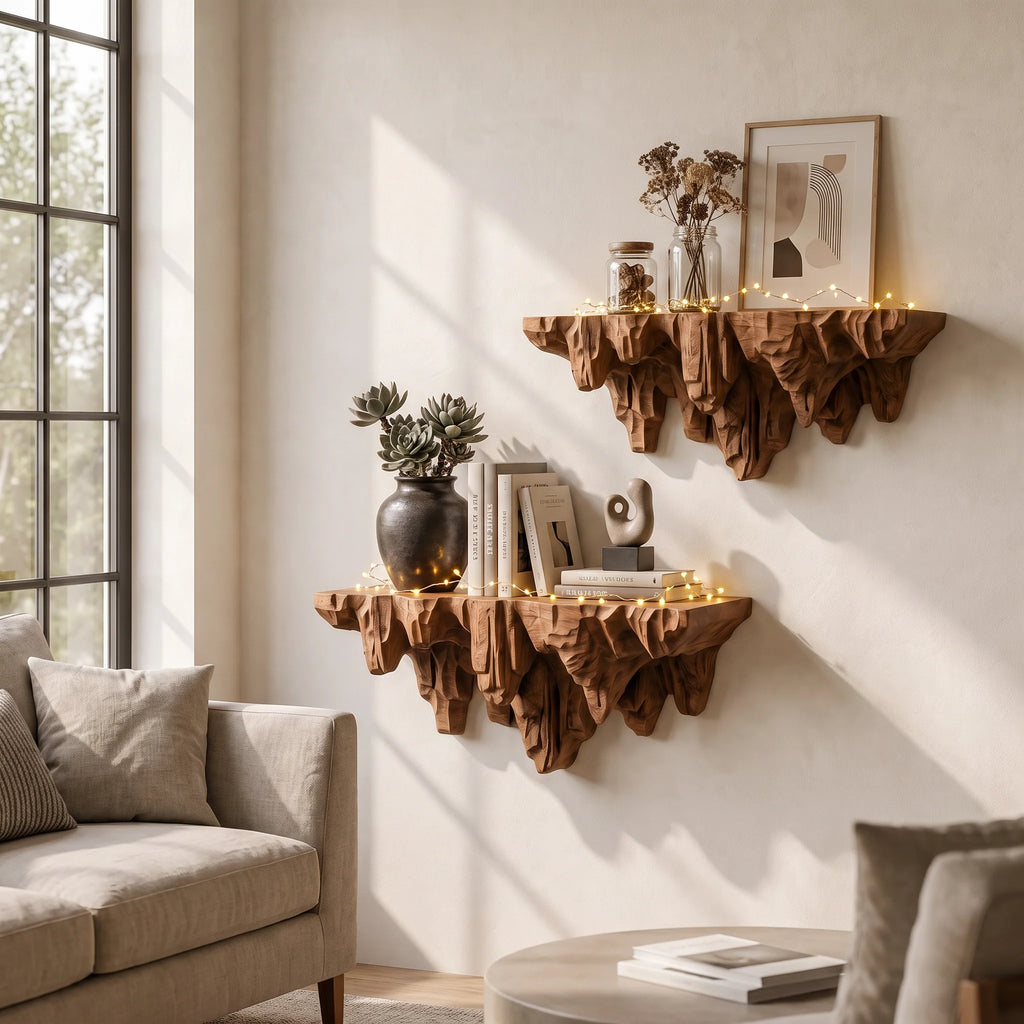 Sculptural Carved Cliff Base Solid Wood Wall Shelf