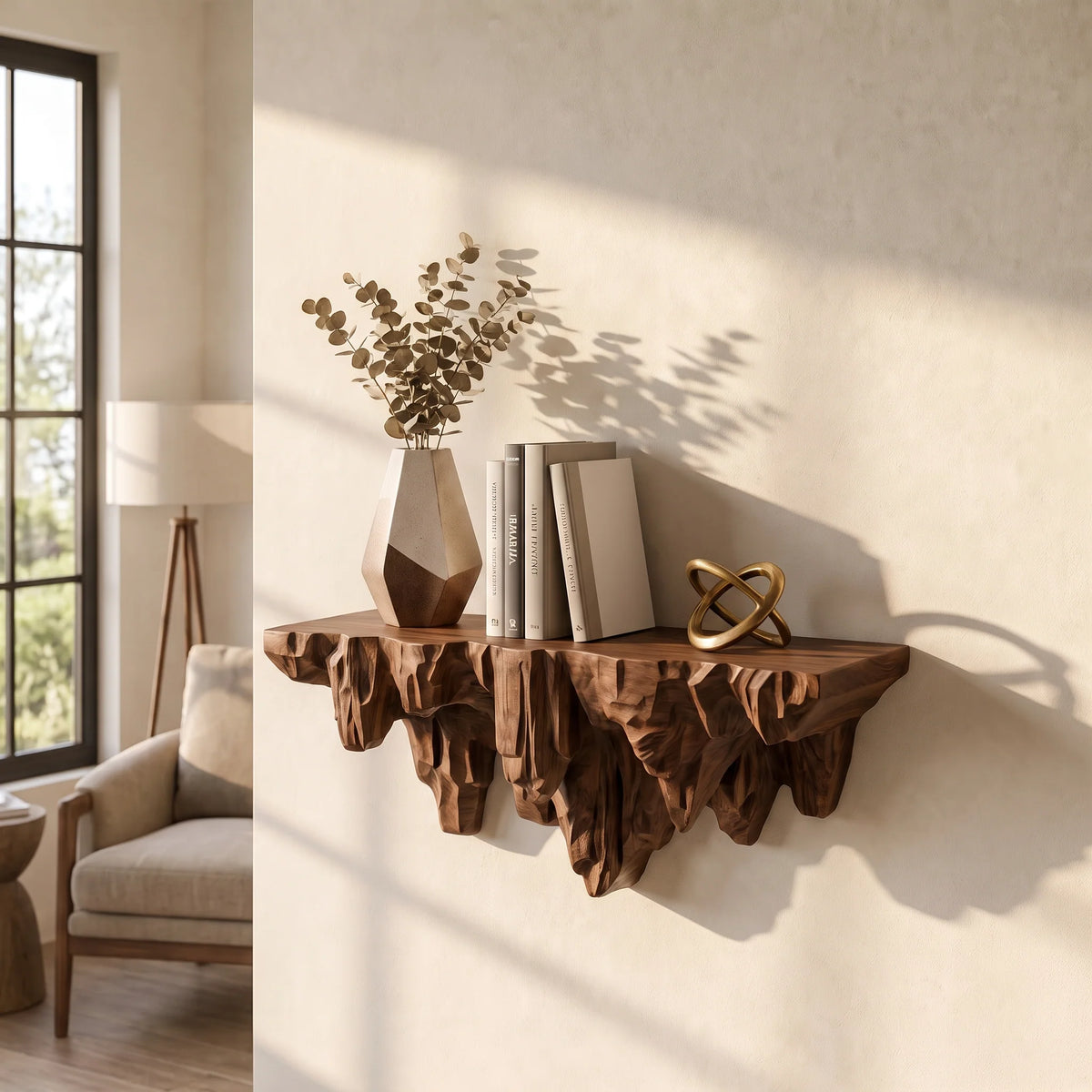 Sculptural Carved Cliff Base Solid Wood Wall Shelf