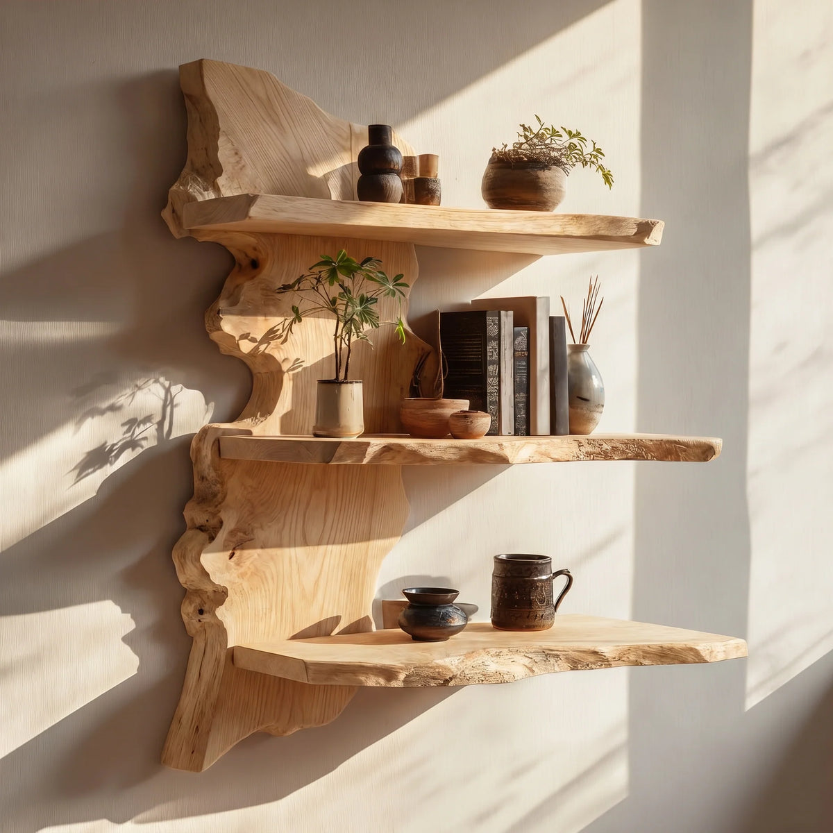 Live Edge Solid Wood Floating Wall Display Shelf