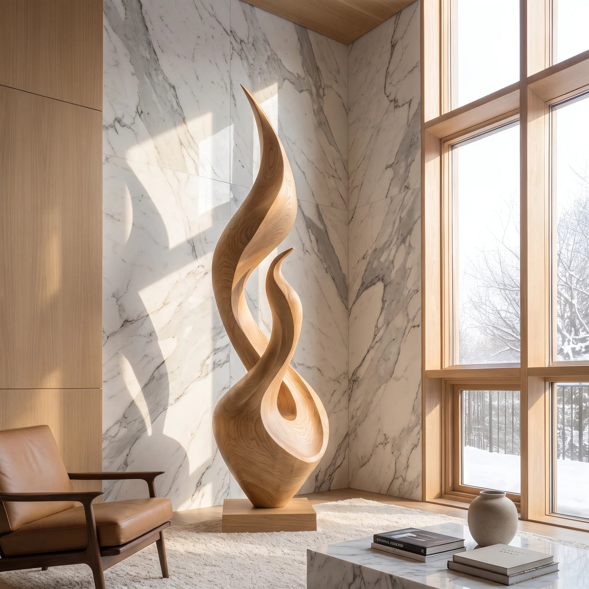 Tall Solid Wood Flame Sculpture – Modern Freestanding Decorative Art for Contemporary Interiors