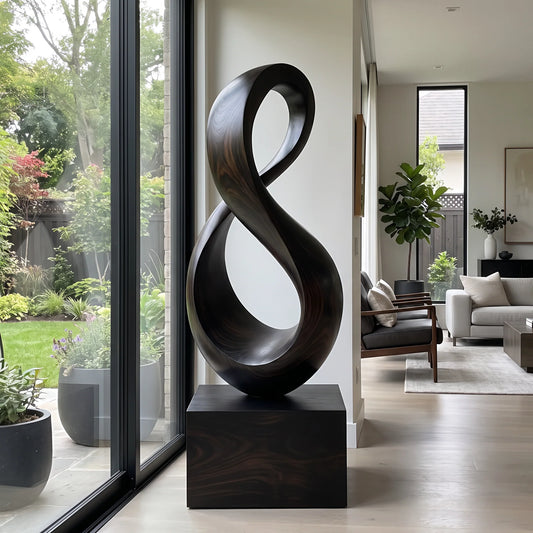 Tall Solid Wood Infinity Loop Sculpture with Plinth Base – Contemporary Statement Décor for Modern Interiors