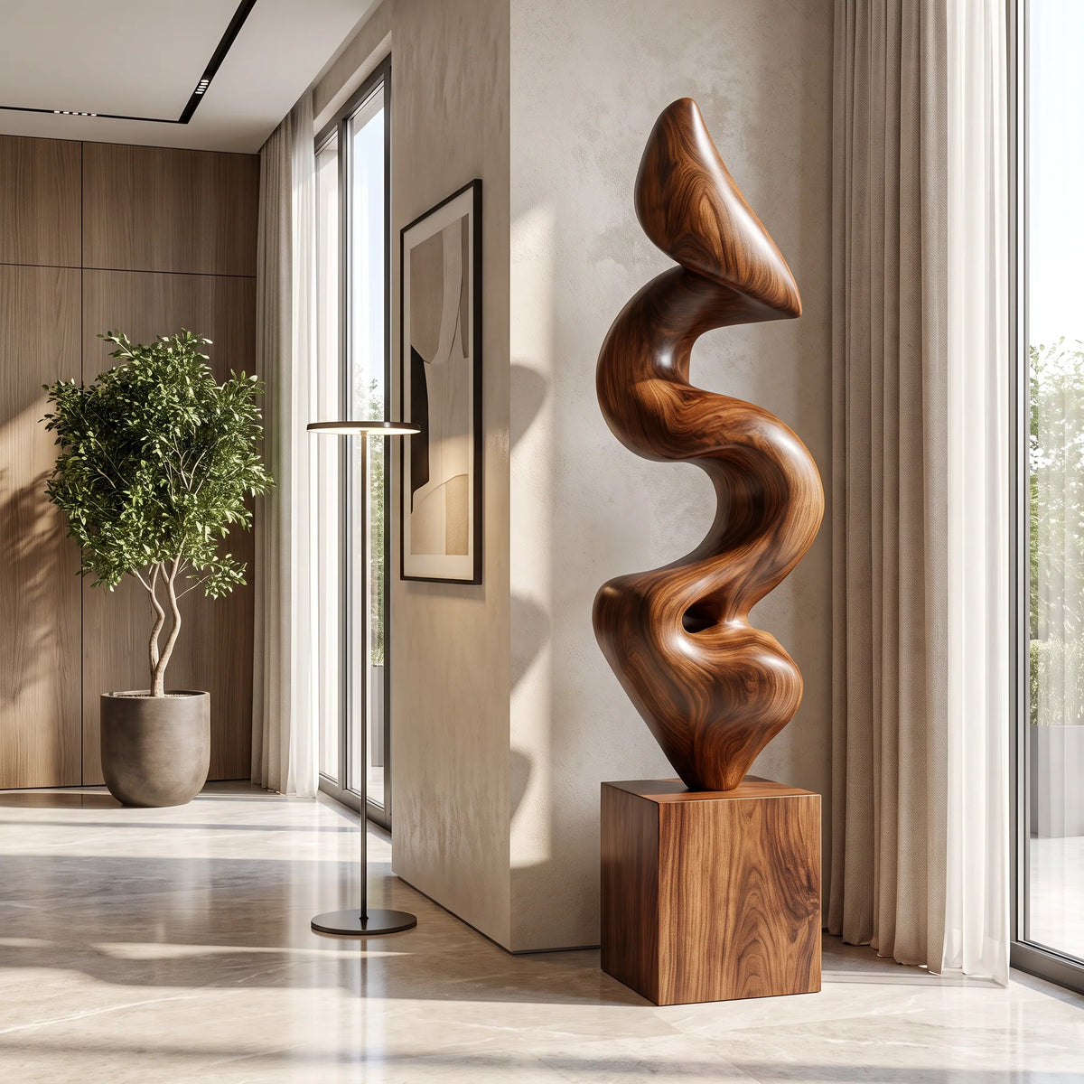 Handcrafted Solid Wood Ribbon Floor Sculpture – Modern Vertical Statement Art for Contemporary Interiors