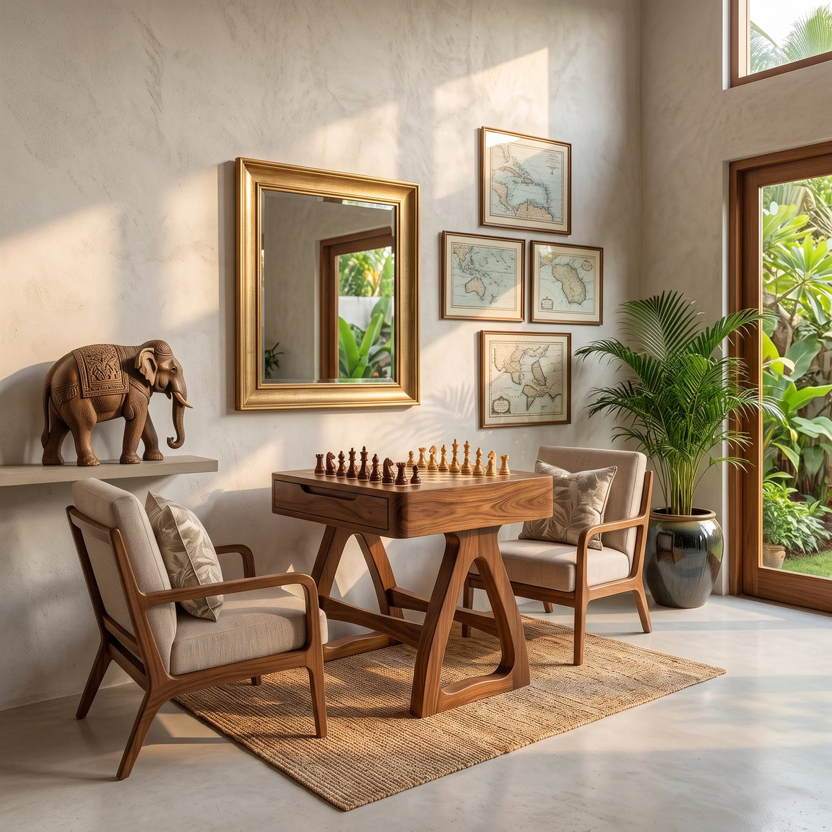 Sculptural Solid Wood Chess Table with Storage Drawer