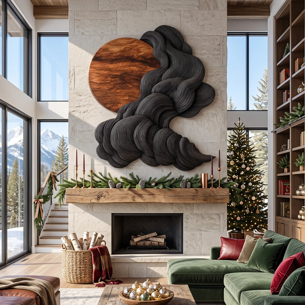 Solid Wood Wall Sculpture with Black Flowing Cloud Layers and Natural Wood Sun