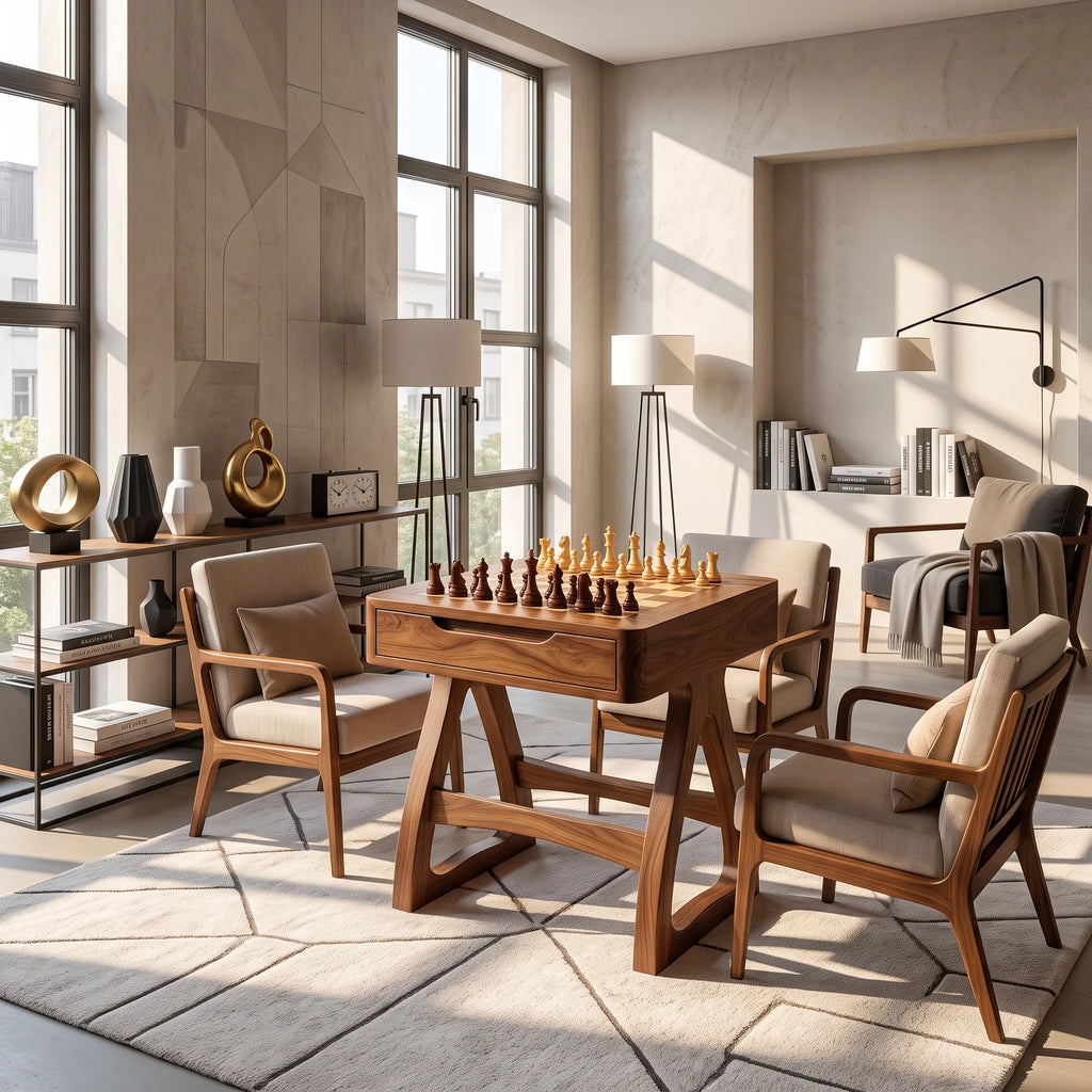 Sculptural Solid Wood Chess Table with Storage Drawer