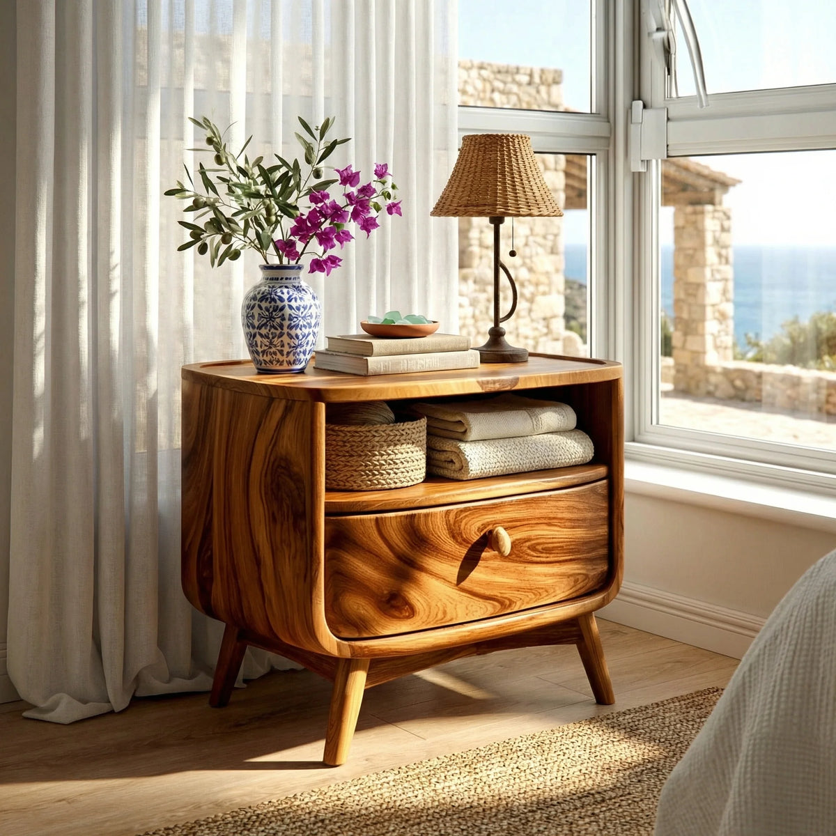 Handcrafted Solid Wood Nightstand with Drawer and Open Shelf Storage