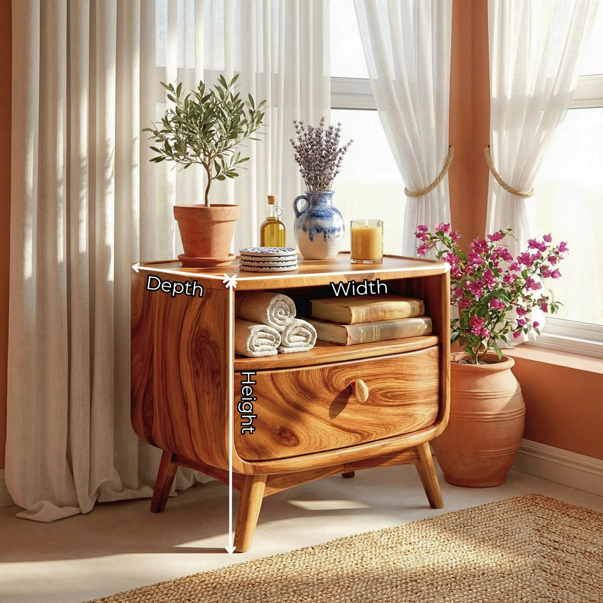 Handcrafted Solid Wood Nightstand with Drawer and Open Shelf Storage