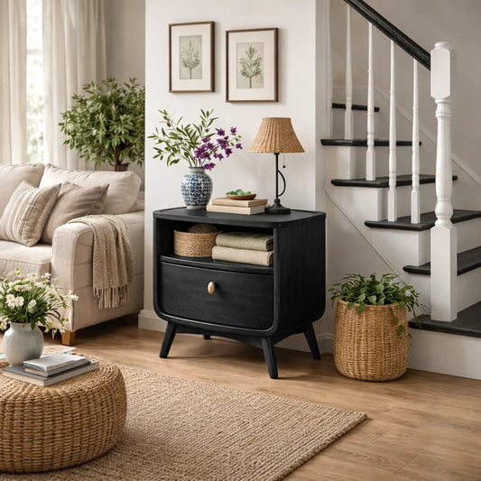 Handcrafted Solid Wood Nightstand with Drawer and Open Shelf Storage