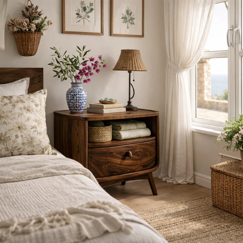 Handcrafted Solid Wood Nightstand with Drawer and Open Shelf Storage
