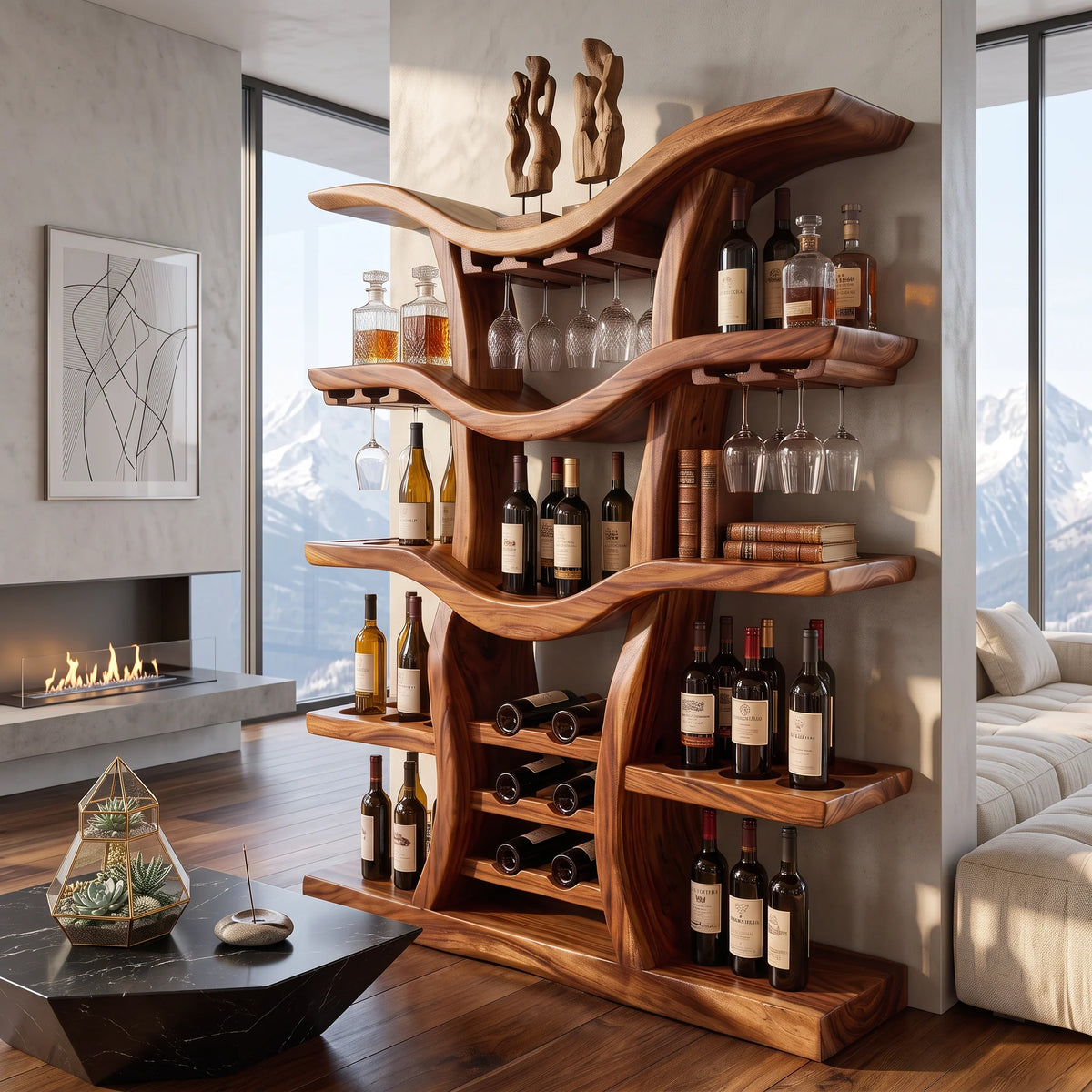 Solid Wood Freestanding Wine Rack with Sculptural Branching Shelves