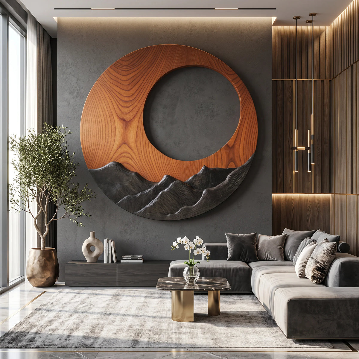 Mountain Vista – Round Solid Wood Wall Sculpture with Carved Mountain Relief