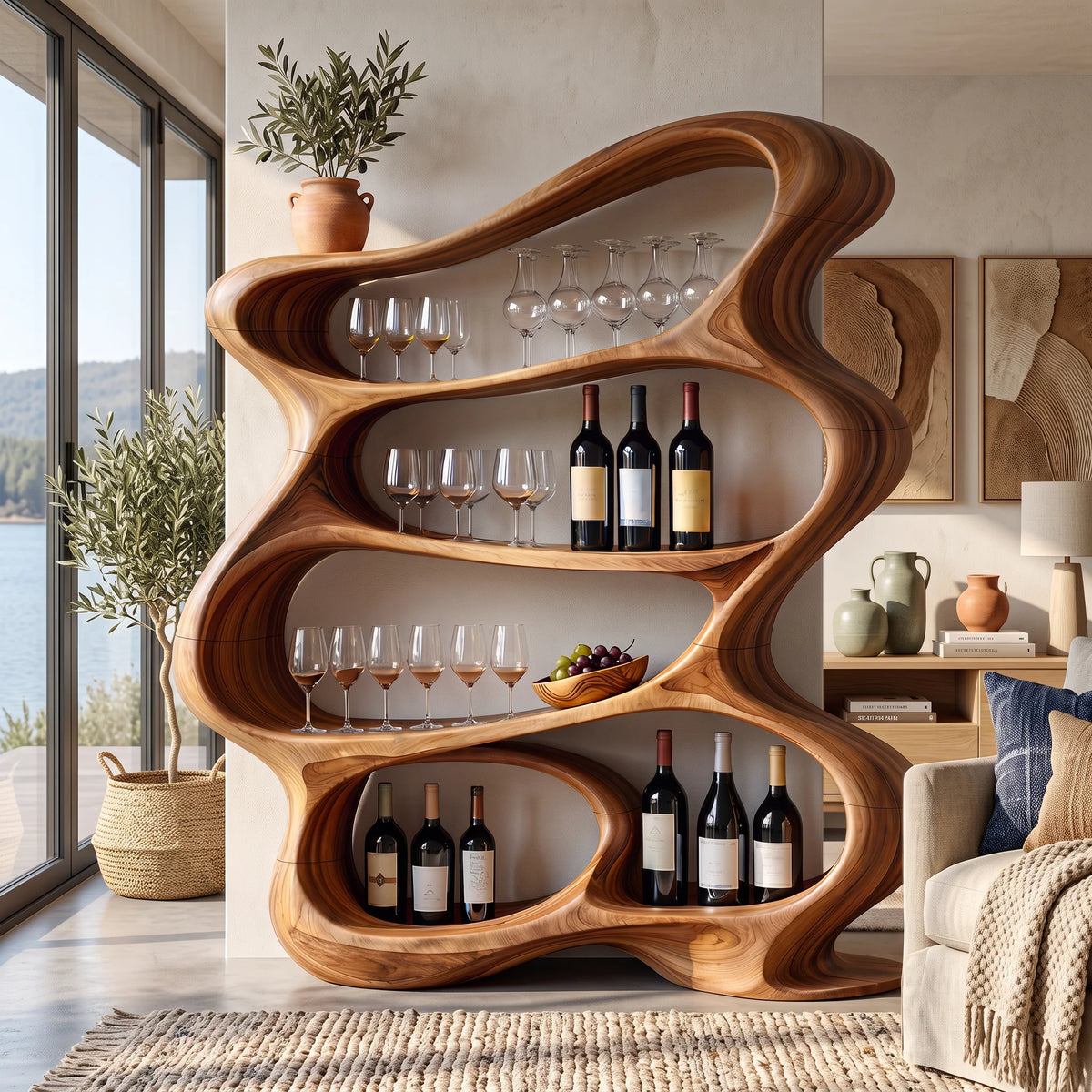 Handcrafted Solid Wood Wine Rack Cabinet with Sculptural Flowing Open Shelves