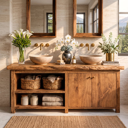 Solid Wood Double Bathroom Vanity – Rustic Wooden Vanity Cabinet for Modern Bathrooms