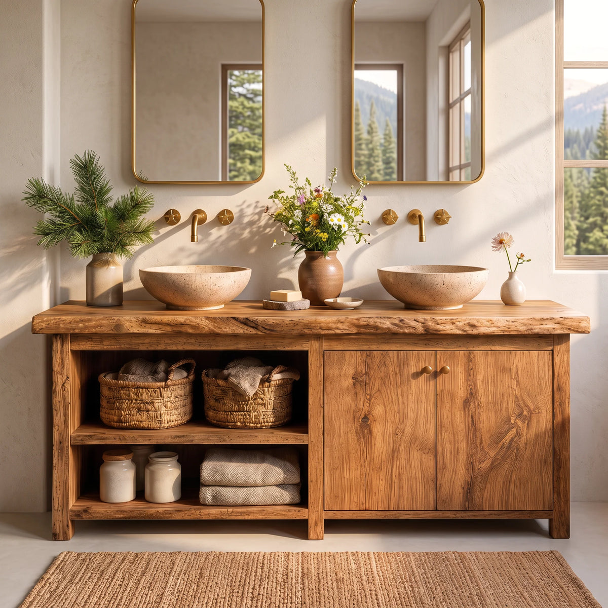 Solid Wood Double Bathroom Vanity – Rustic Wooden Vanity Cabinet for Modern Bathrooms