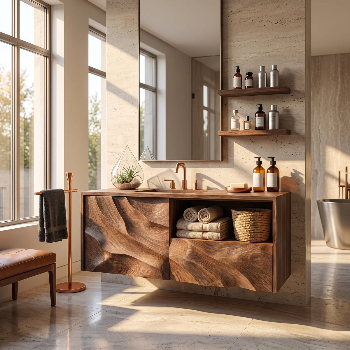 Floating Solid Wood Bathroom Vanity with Layered Organic Relief – Sculptural Wall-Mounted Cabinet