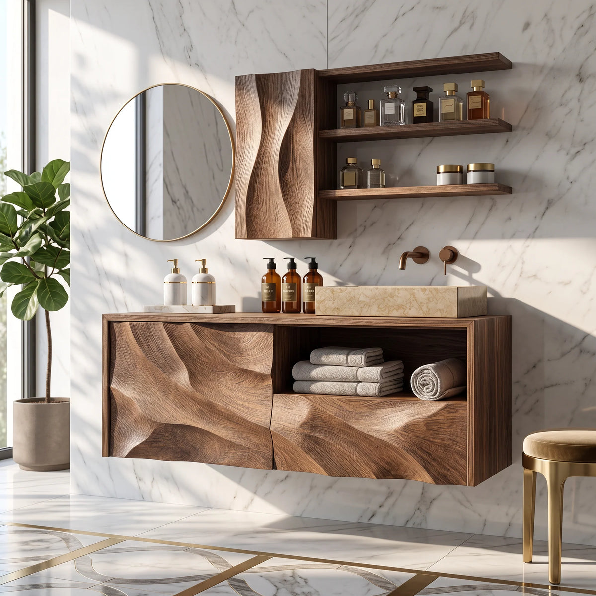 Floating Solid Wood Bathroom Vanity with Layered Organic Relief – Sculptural Wall-Mounted Cabinet