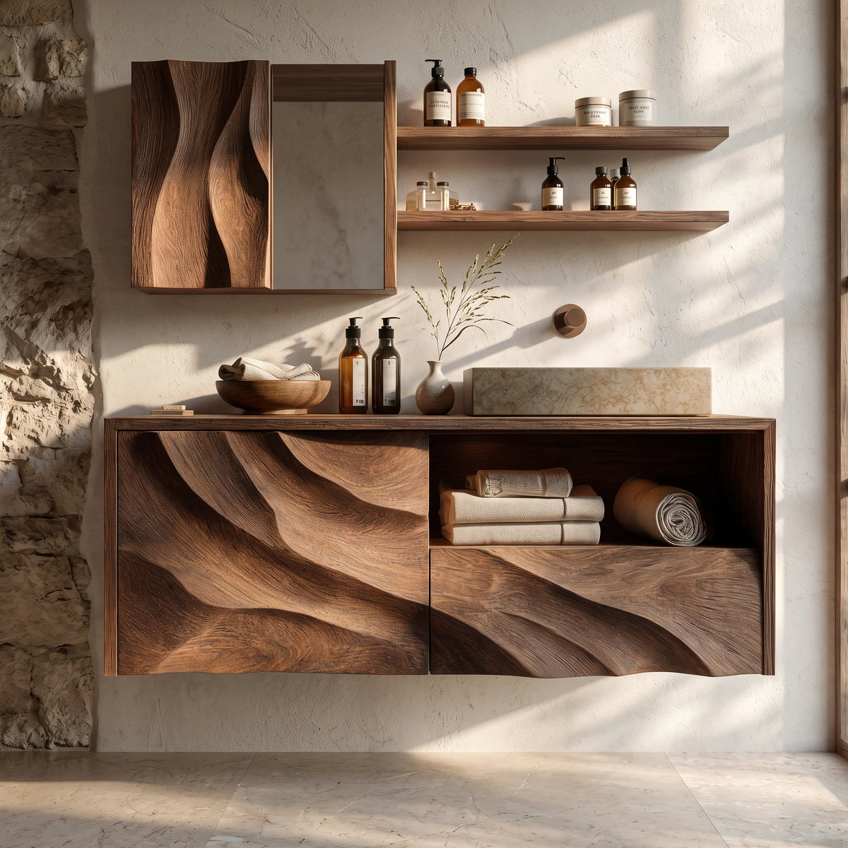 Floating Solid Wood Bathroom Vanity with Layered Organic Relief – Sculptural Wall-Mounted Cabinet