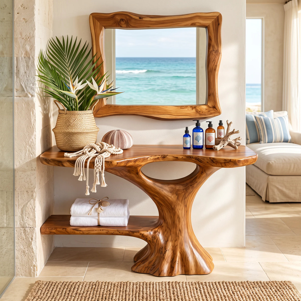 Solid Wood Bathroom Vanity with Organic Trunk Pedestal and Side Shelf Storage