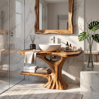 Solid Wood Bathroom Vanity with Organic Trunk Pedestal and Side Shelf Storage