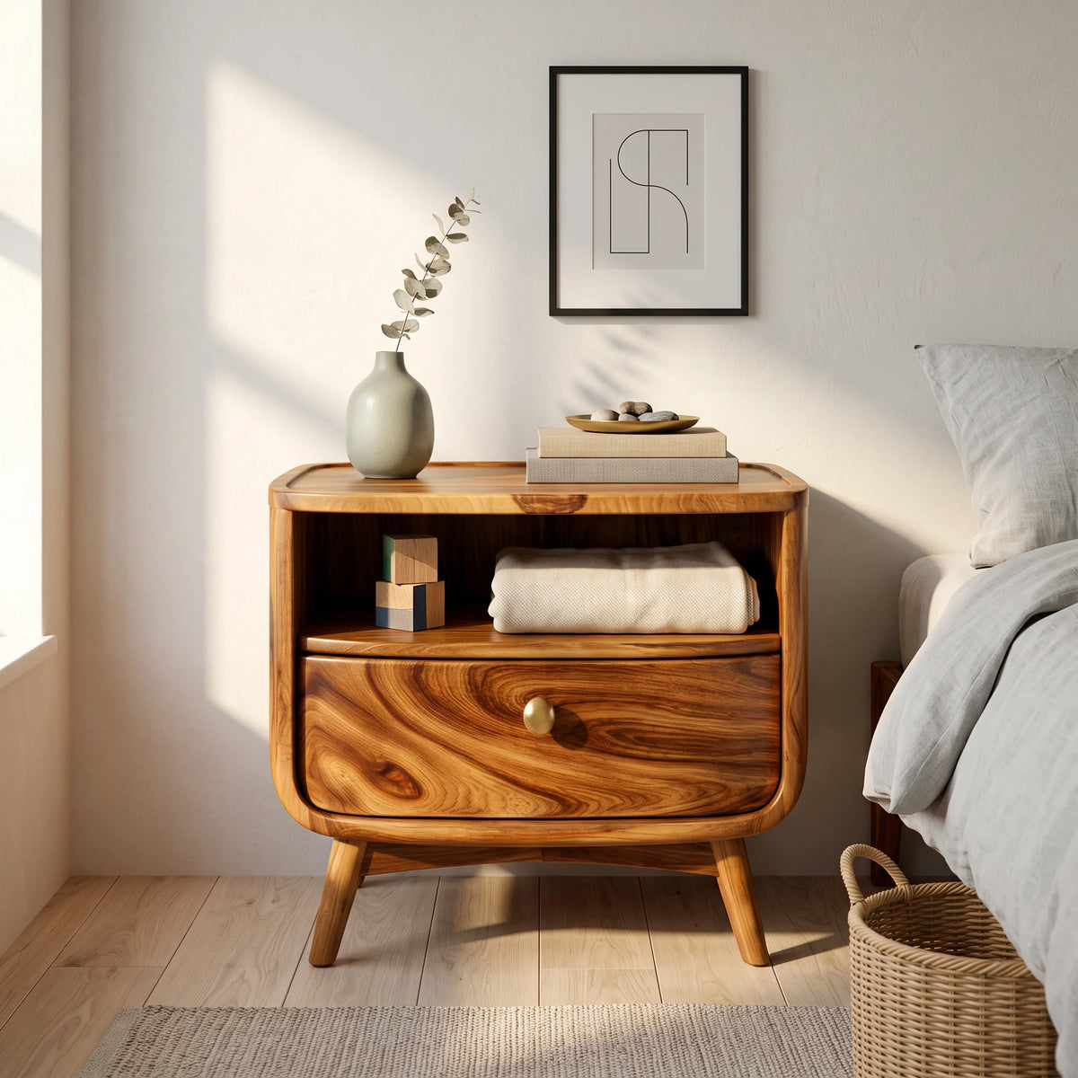 Handcrafted Solid Wood Nightstand with Drawer and Open Shelf Storage