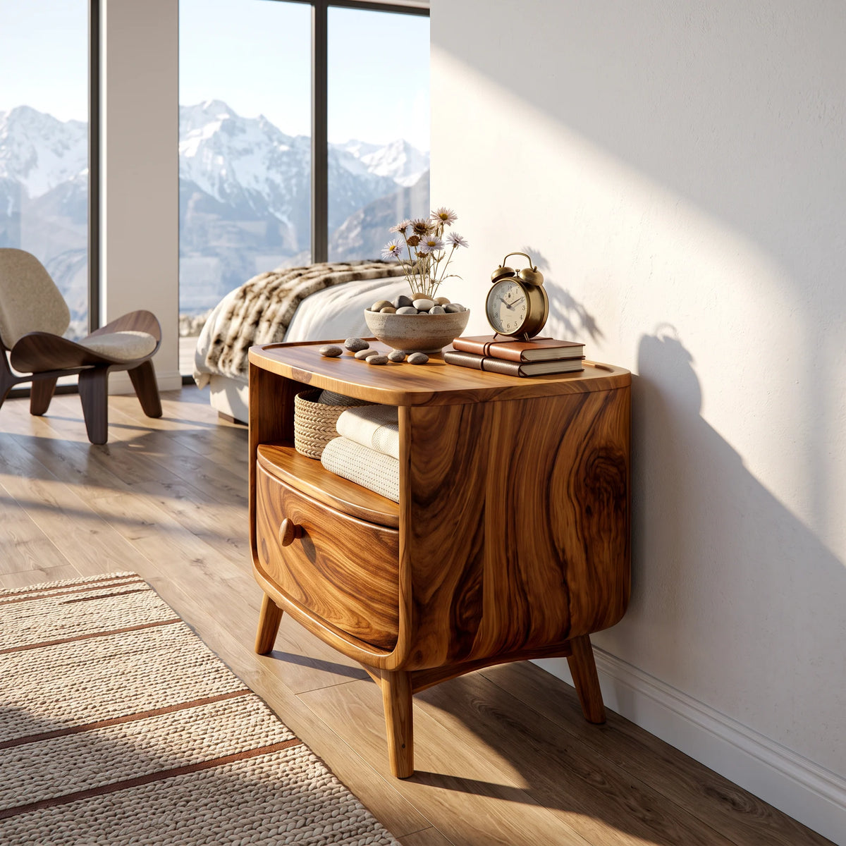 Handcrafted Solid Wood Nightstand with Drawer and Open Shelf Storage
