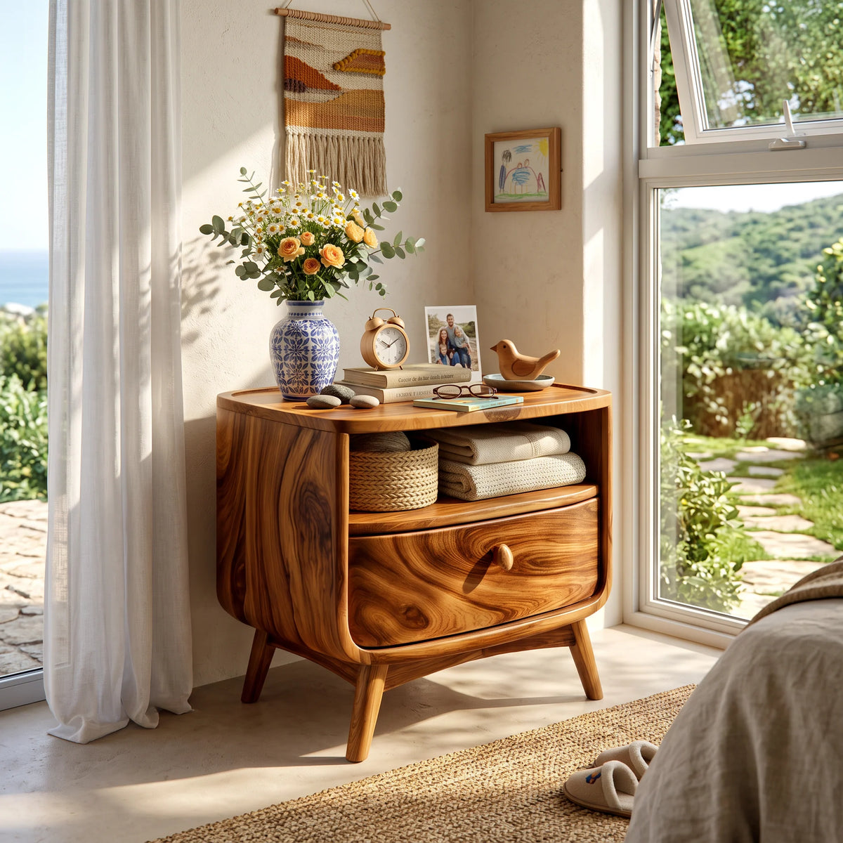 Handcrafted Solid Wood Nightstand with Drawer and Open Shelf Storage