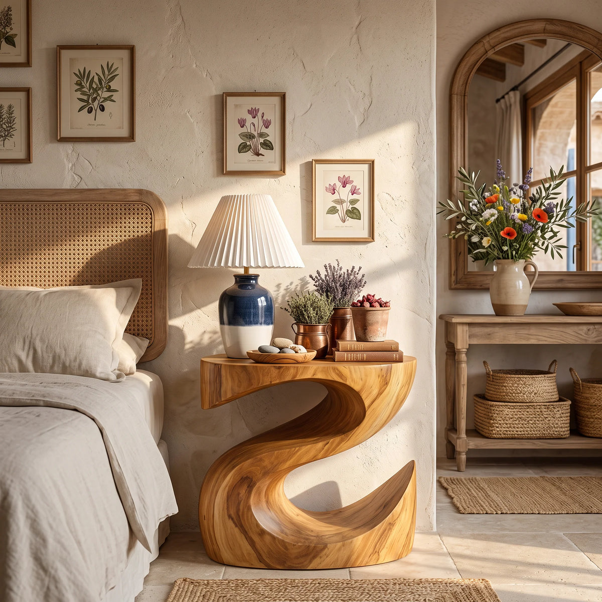 Handcrafted Solid Wood Bedside Table with Sculptural Curved Base