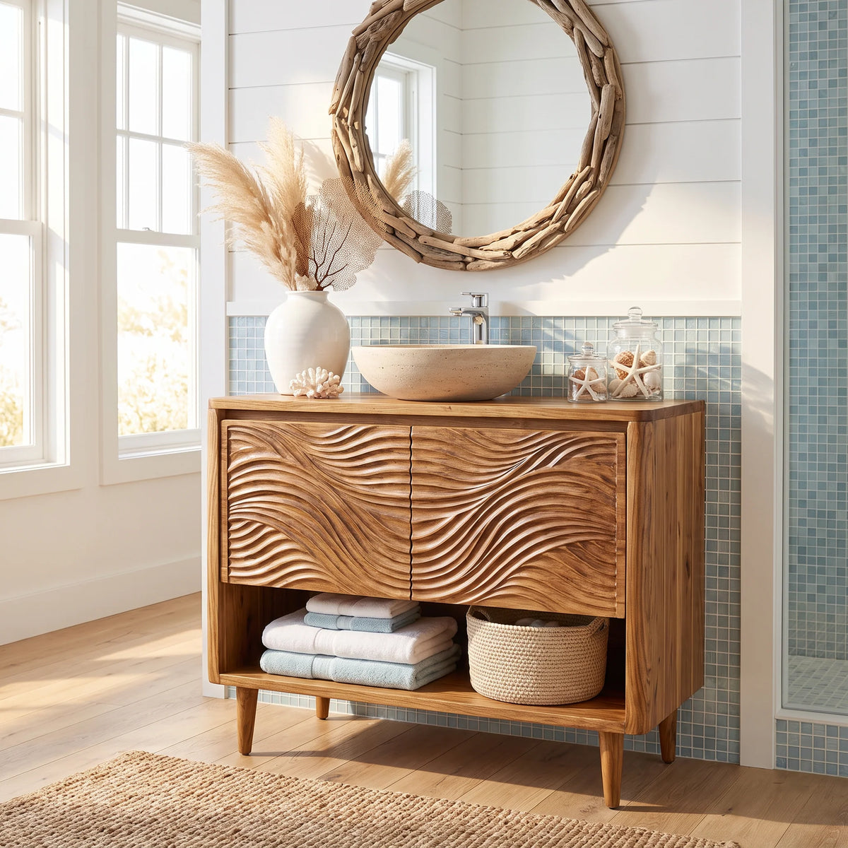 Solid Wood Bathroom Vanity with Carved Ripple Cabinet and Open Shelf for Powder Rooms