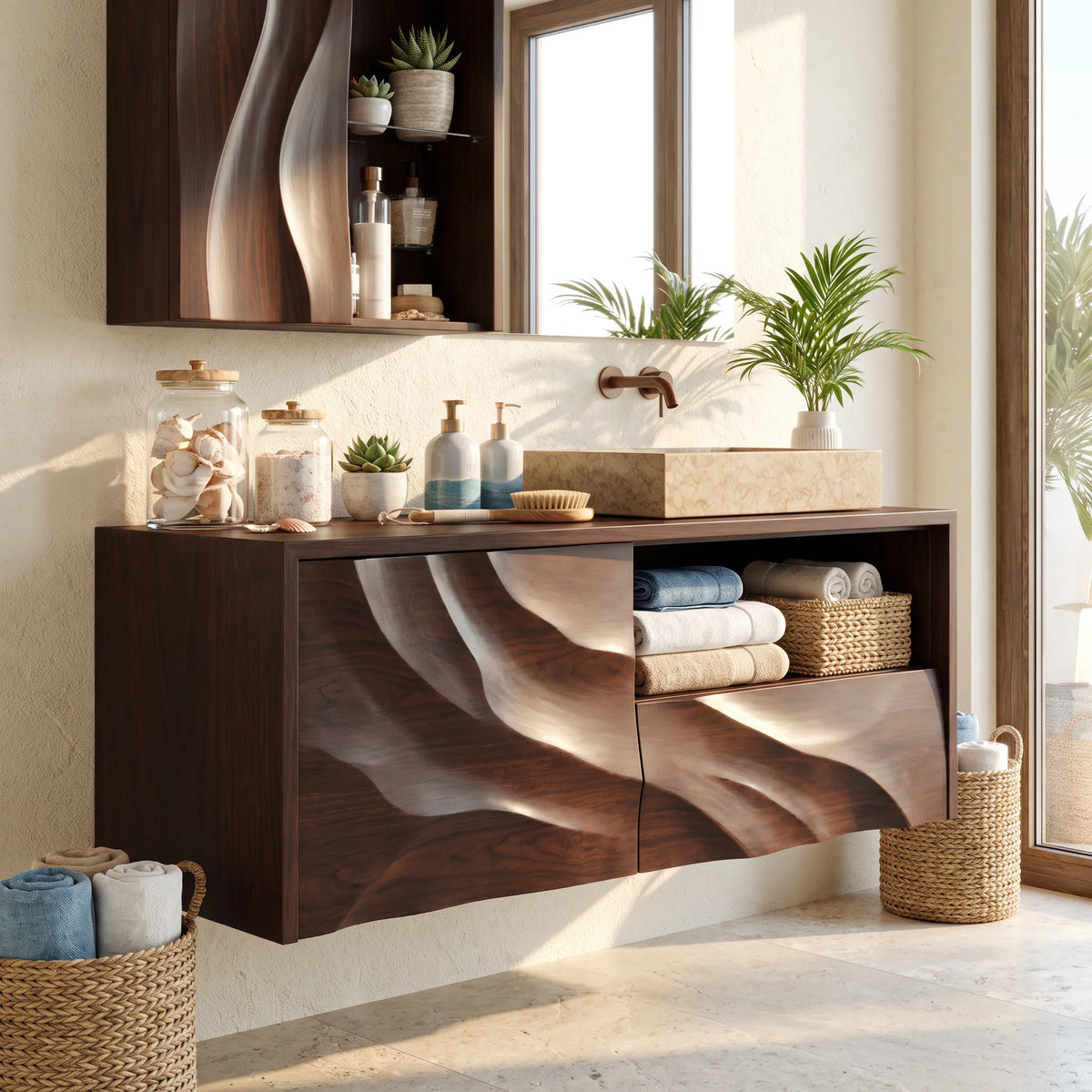Floating Solid Wood Bathroom Vanity with Layered Organic Relief – Sculptural Wall-Mounted Cabinet