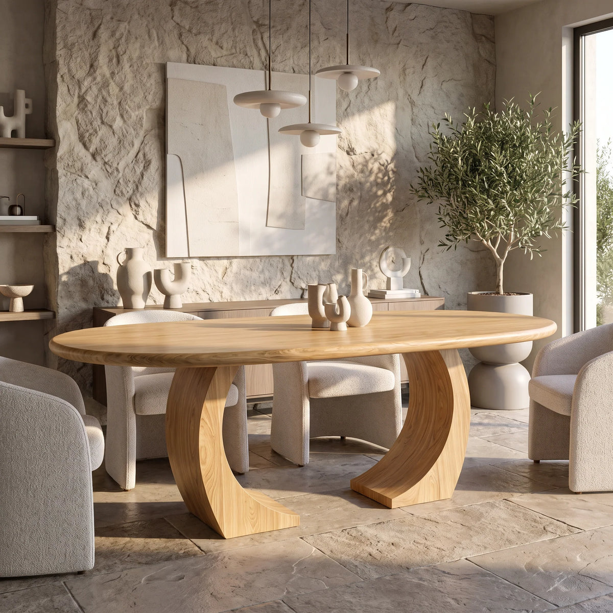 Oval Solid Wood Dining Table with Sculptural Curved Legs