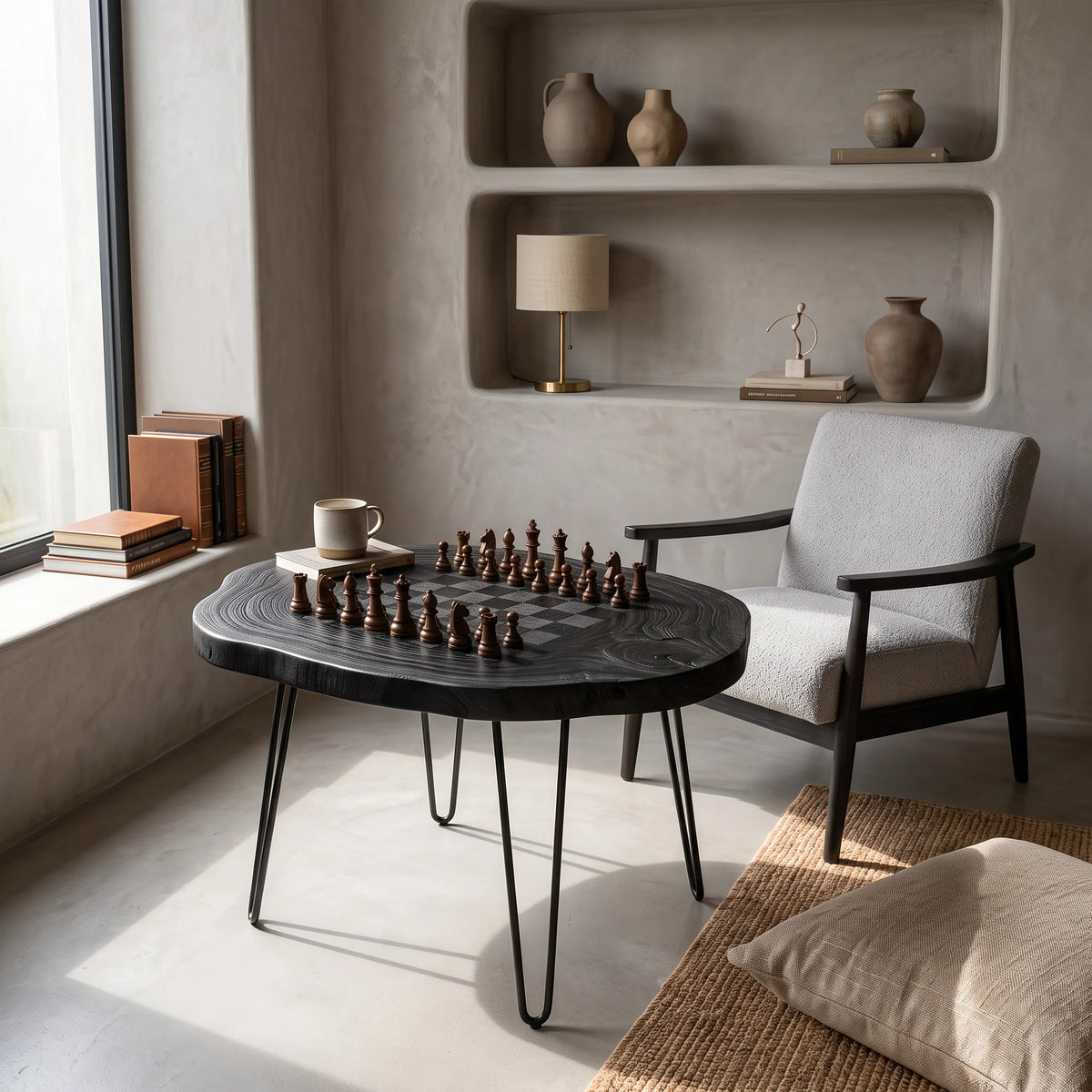 Organic Slab Top Chess Coffee Table with Hairpin Legs